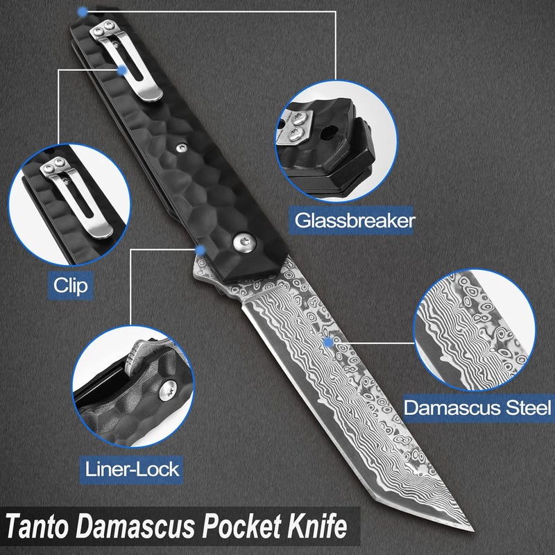 AUBEY Damascus Pocket Knife, Tanto VG10 Core Damascus Steel Folding Knives with Ball Bearing, Aluminum Alloy Non-Slip Handle and Glass Breaker, EDC Damascus Knife for Men Women (Black) - Image 5